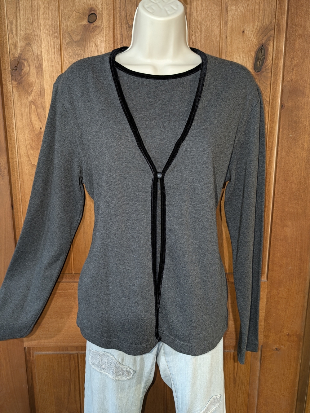 croft & barrow Charcoal Gray Long-Sleeve Layered Look Top with Black Velvet Trim